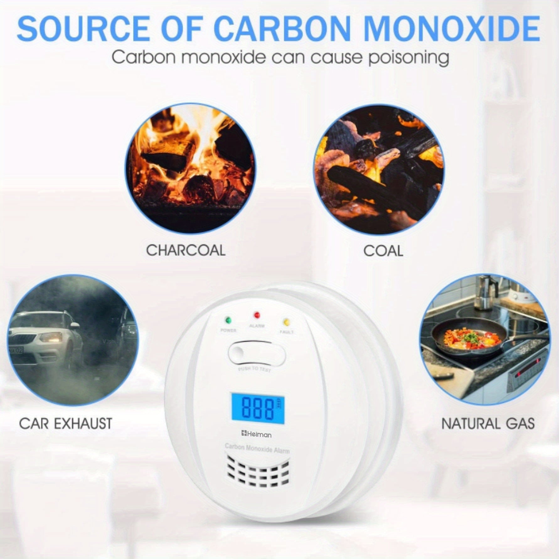 HEIMAN 723ESY Détecteur de monoxyde de carbone avec écran LCD, autonomie batterie 5 ans, capteur 10 ans et bouton test