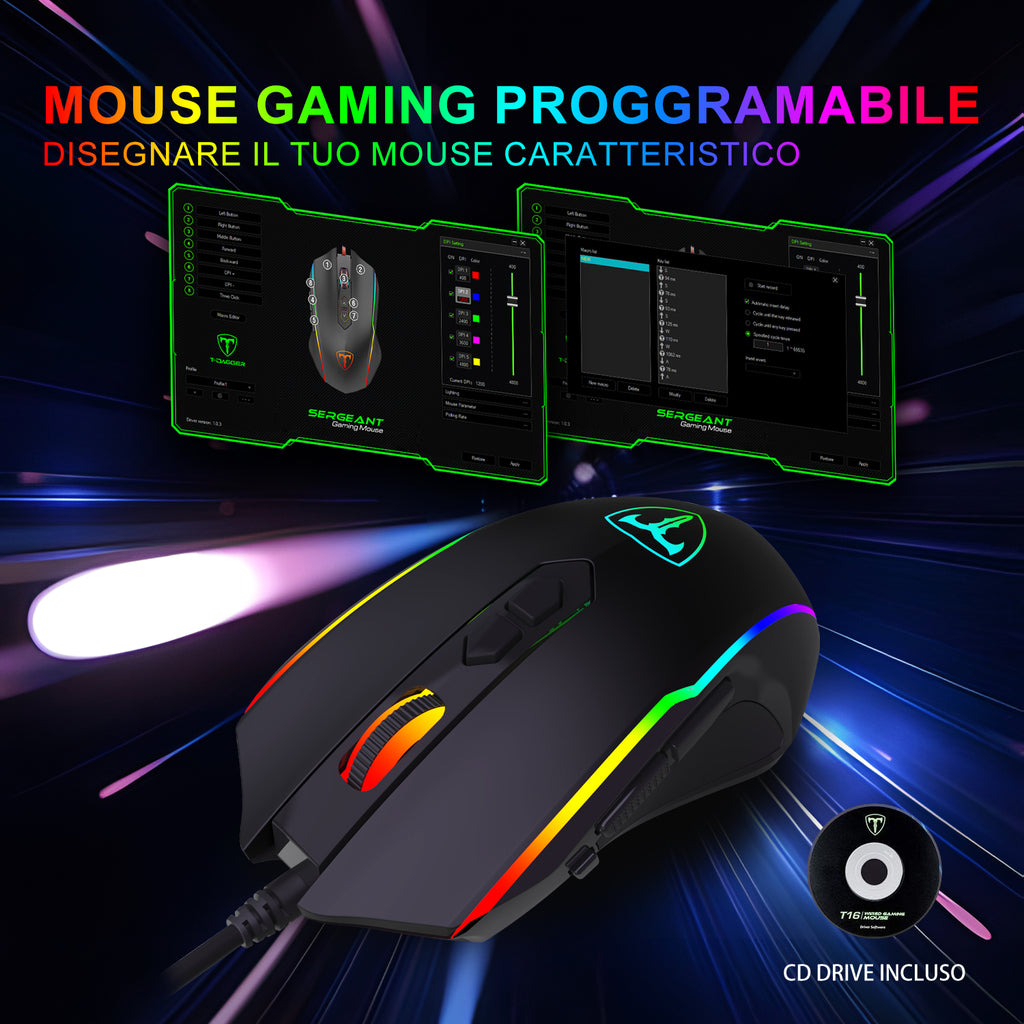 ET Souris de jeu filaire USB haute performance avec 7200 PPP réglables, RVB, 8 boutons programmables, ergonomique, PC/Mac – Noir