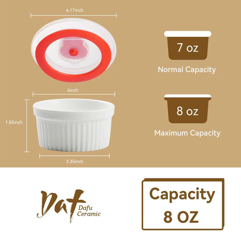 Dafuceramic Lot de 6 ramequins en porcelaine blanche 8 oz avec couvercles en plastique à cadran de date, Compatibles four, micro-ondes, lave-vaisselle et congélateur
