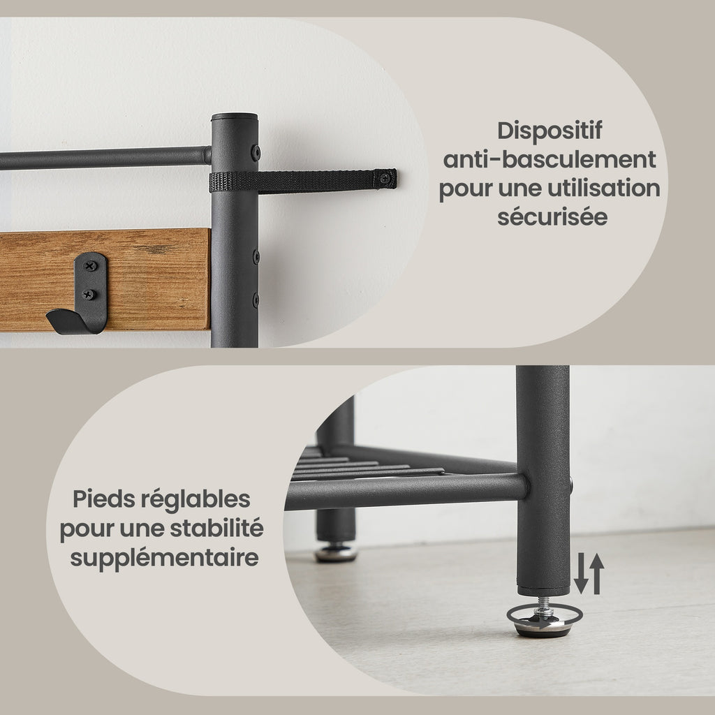 JOYFURNOS Portemanteau, 32 x 70 x 177 cm, Vestiaire avec Banc de Rangement pour Chaussures, Style Industriel, Marron et Noir