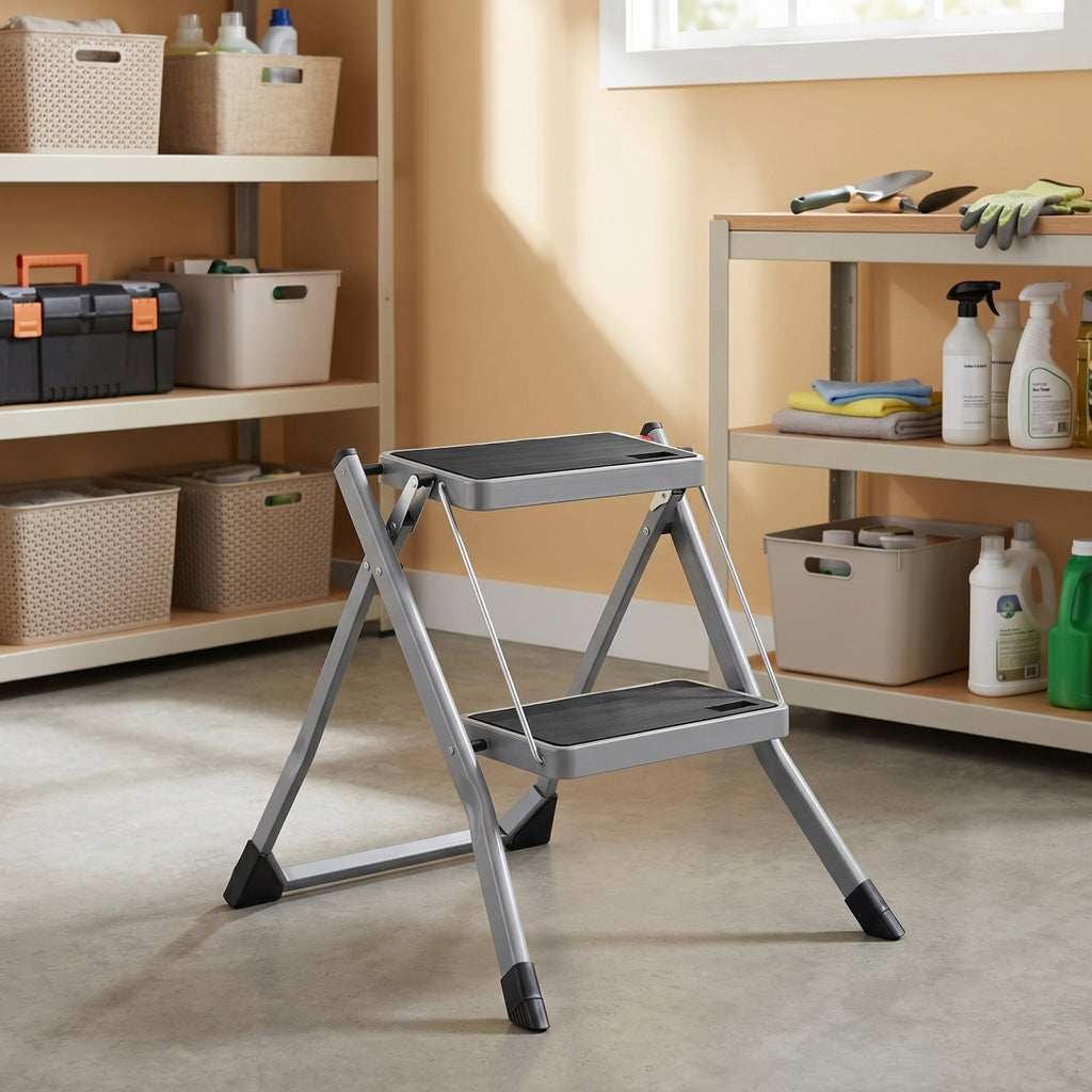 JOYFURNOS Échelle à 2 marches marchepied pliable robuste avec marches antidérapantes charge 150 kg 55 x 50 x 4,5 cm gris