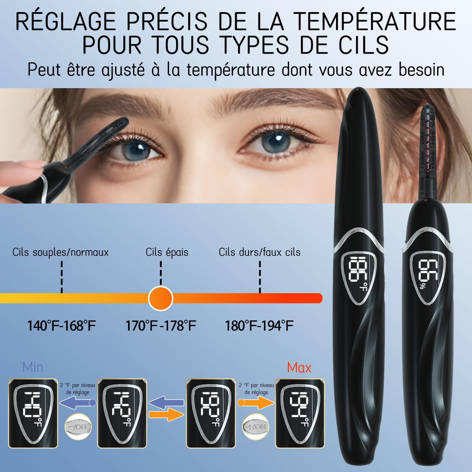 SUNLUXY S600 Recourbe-cils électrique pour courbure naturelle longue tenue, avec affichage LED de la température et de la batterie, arrêt automatique de sécurité - Noir