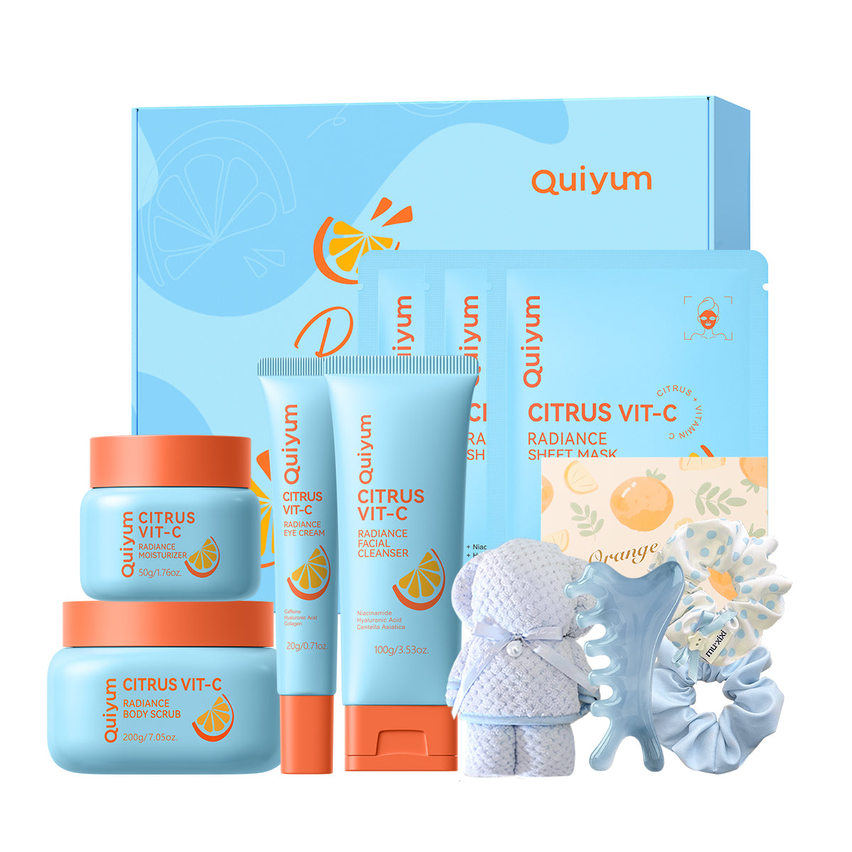 Quiyum Coffret de soins vitamine C agrumes 11 pièces Nettoyant visage 100 g Crème contour des yeux 20 g Crème visage 50 g Gommage corps 200 g Masque visage 25 g × 3 Avec élastiques