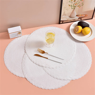 Lot de 6 Sets de table ronds tressés 38 cm, Anneau extérieur patchwork polyester à trois brins Blanc, Antidérapants, Pour maison, cuisine et table à manger, Parfaits pour fêtes