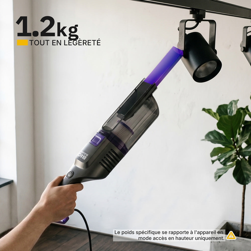 BIGBANN aspirateur balai 3 en 1, aspirateur à main filaire léger avec aspiration de 18 kPa, rangement vertical, cordon de 5 m, filtre HEPA pour sols durs