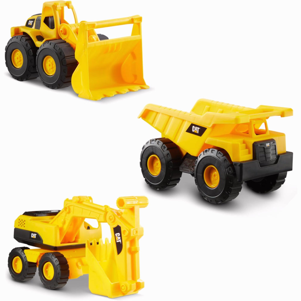 CatToysOfficial Ensemble de Véhicules de Construction - 18 cm Pack de 3 véhicules de chantier - Camion benne, Chargeur frontal et Tractopelle pour Enfants à Partir de 2 Ans