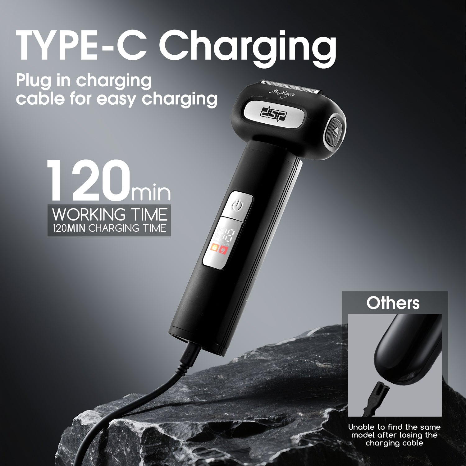 DSP Rasoir électrique à lame fine 2-en-1 McMagic pour hommes, 2 lames en acier inoxydable, 3 vitesses réglables, écran LED, étanchéité IPX6, rechargeable par USB (Noir)