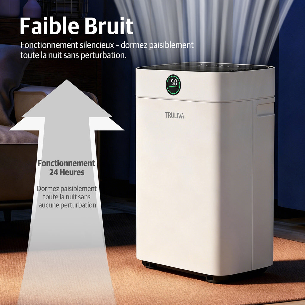 TRULIVA Déshumidificateur 25 L/jour avec séchage du linge, dégivrage automatique, R290, réservoir de 2,8 L et tuyau d’évacuation en continu, pour la maison, les sous-sols