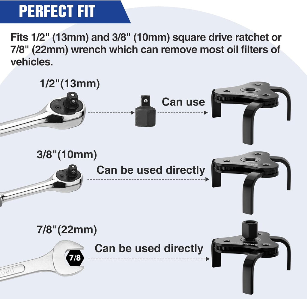 WORKPRO Clé universelle pour filtre à huile, outil d'extraction de filtre à huile réglable à 3 mâchoires, pour filtres à huile 70-110 mm