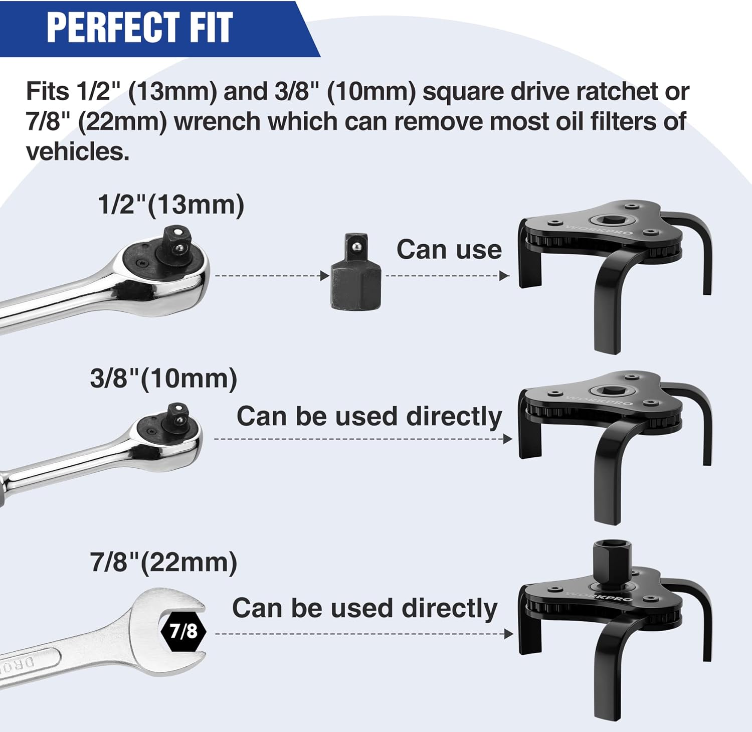 WORKPRO Clé universelle pour filtre à huile, outil d'extraction de filtre à huile réglable à 3 mâchoires, pour filtres à huile 70-110 mm