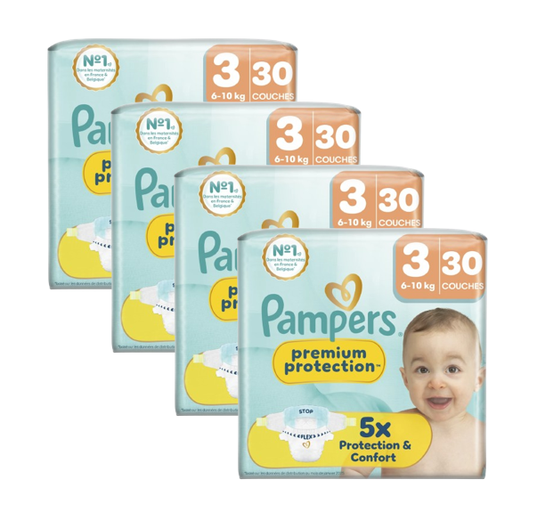Pampers Premium Protection Couches Taille 3, 6-10 kg, 120 Couches Pour Bébé, Notre #1 Pour La Protection De La Peau Et La Protection Contre Les Fuites