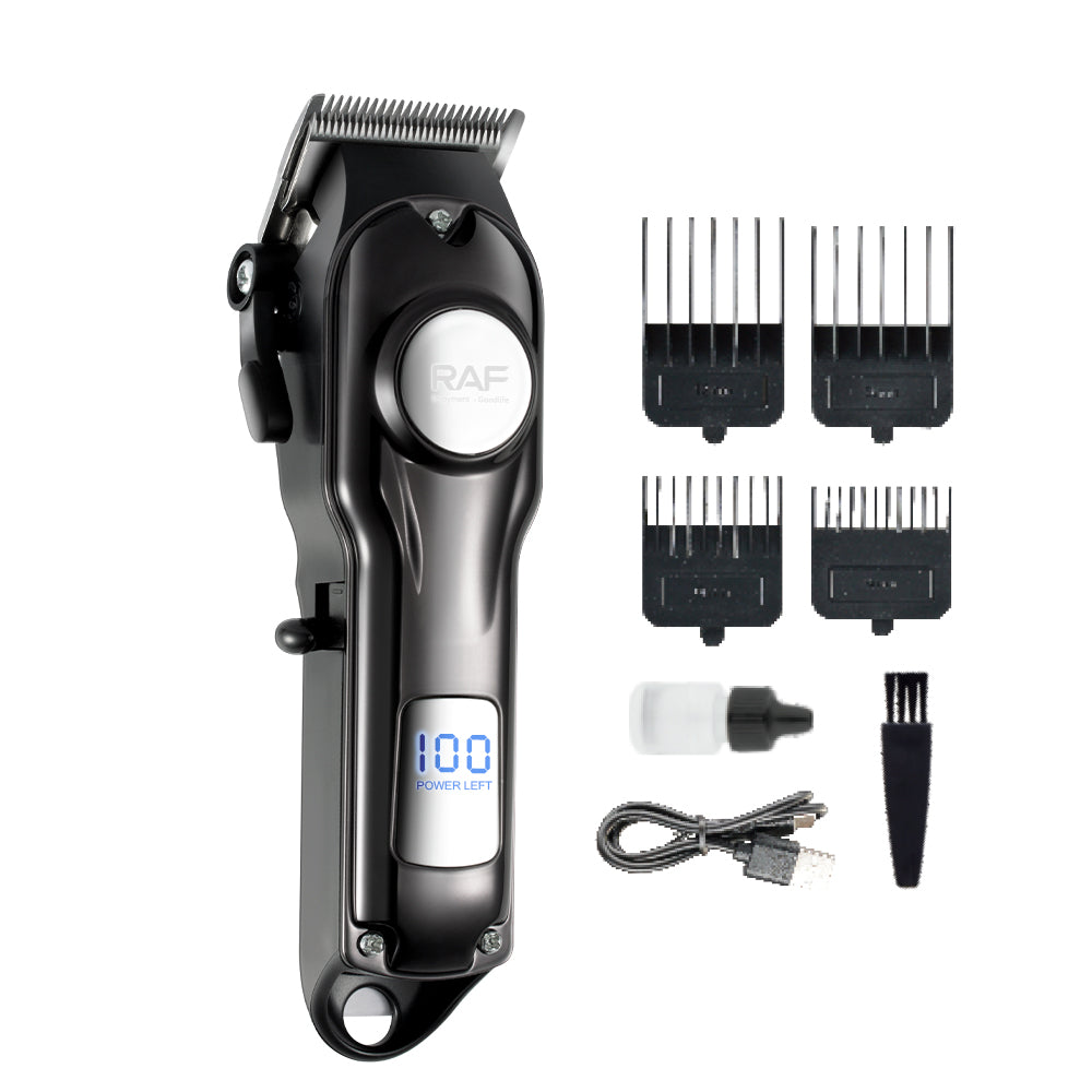 RAF Tondeuse professionnelle sans fil 5W puissante, écran LED, lame en acier au carbone, kit de coiffage pour hommes, coiffeur à domicile