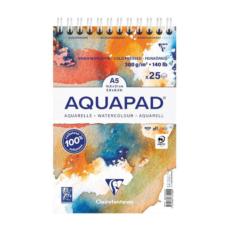 CLAIREFONTAINE Bloc spiralé Aquapad A5+ 25F 300g