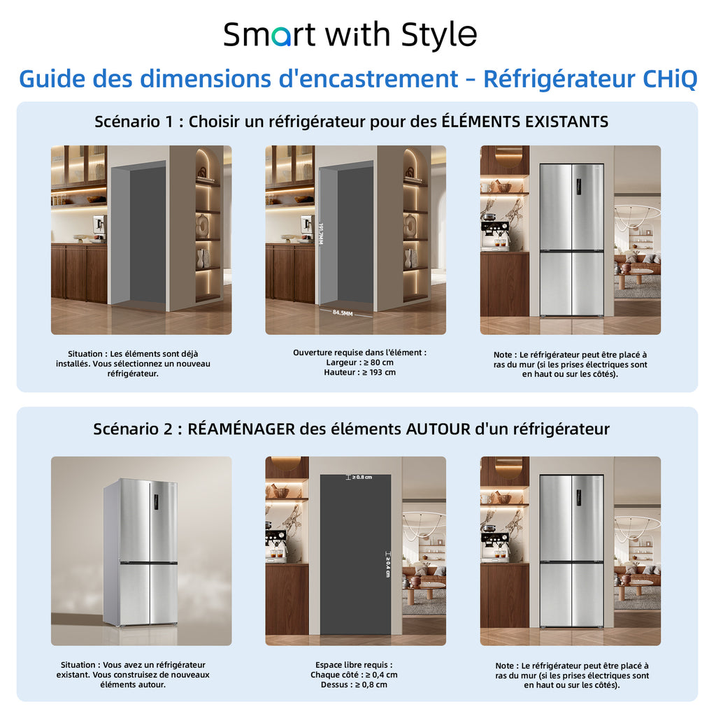 CHiQ Réfrigérateur à portes croisées 458 L, Design encastrable affleurant KITFIT, 191 cm H, Zone Care+ et contrôle de l’humidité, Inverter intelligent, Acier argenté élégant (JR460WSE)