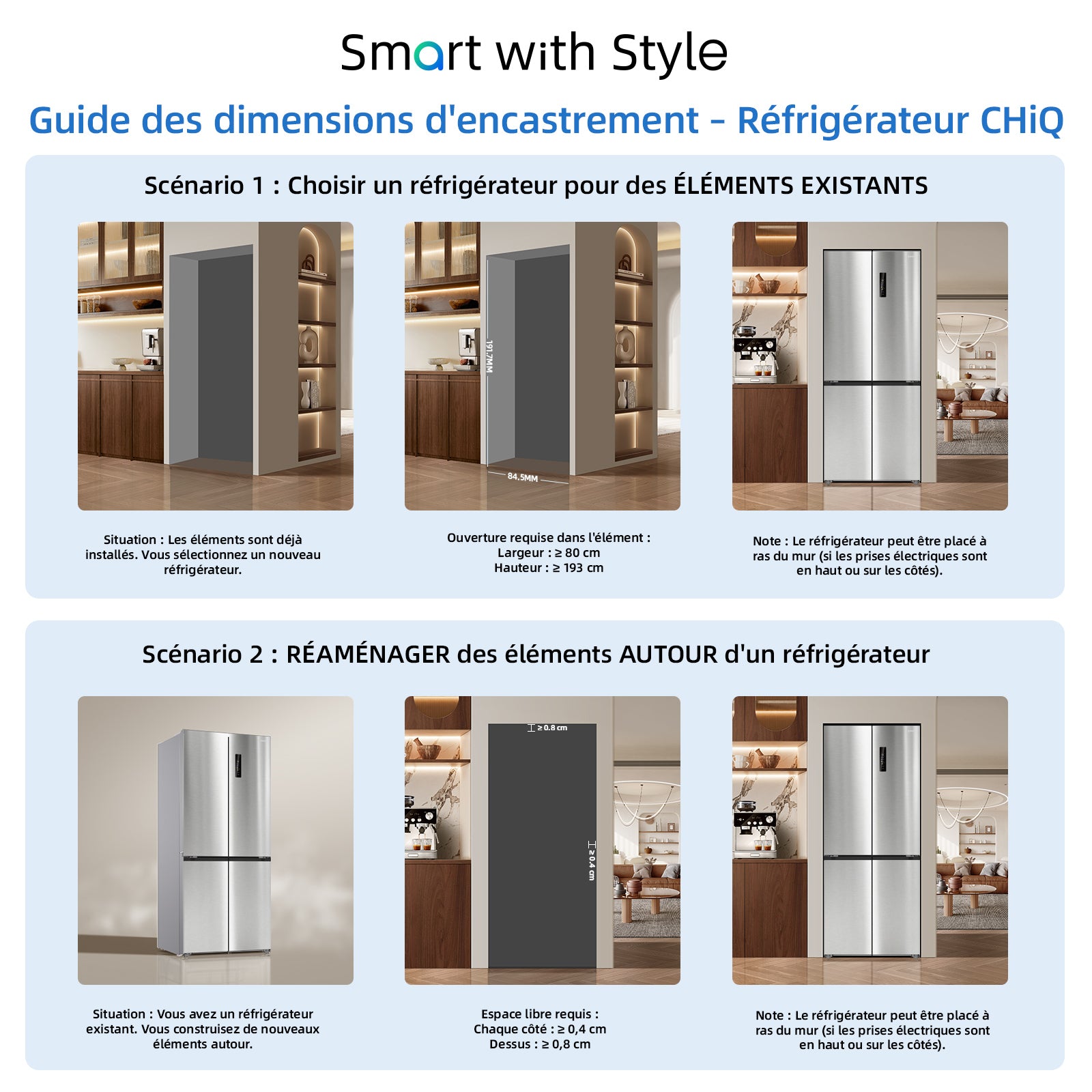 CHiQ Réfrigérateur à portes croisées 458 L, Design encastrable affleurant KITFIT, 191 cm H, Zone Care+ et contrôle de l’humidité, Inverter intelligent, Acier argenté élégant (JR460WSE)