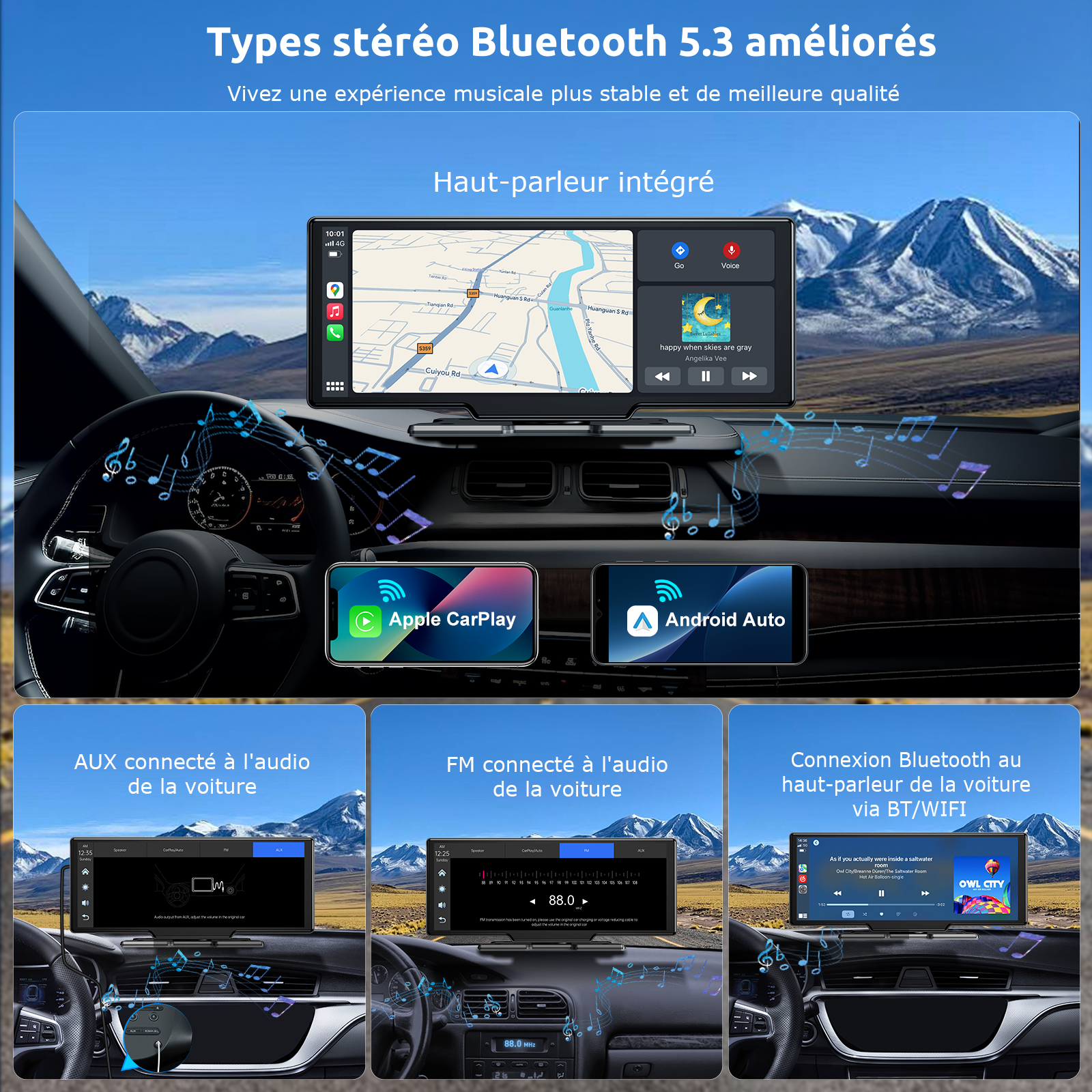 ESSGOO Écran CarPlay HD portable 10,26 pouces, CarPlay sans fil, Android Auto et recopie d'écran, caméra embarquée avant 4K intégrée + caméra de recul AHD 1080P