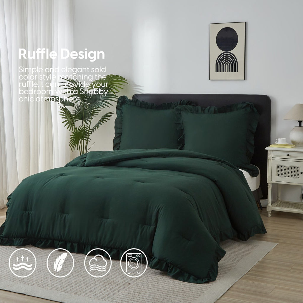 MEEALLHOME Parure de lit vintage à volants vert foncé - 1 housse 135 x 200 cm et 1 taie 80 x 80 cm