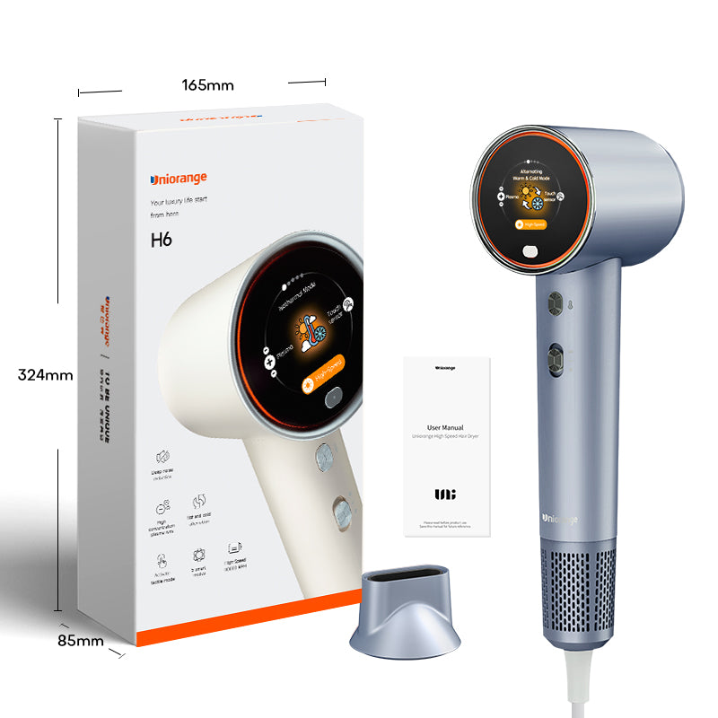 Uniorange H6 Sèche-cheveux haute vitesse à plasma, écran LCD HD, 5 modes intelligents, 1600 W de puissance et 1 milliard d'ions plasma, moteur haute vitesse 110 000 tr/min