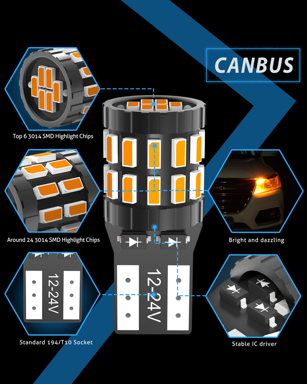 Katur 194 T10 W5W 501 168 Ampoule LED très brillante Jaune ambré 12-24 V Compatible bus CAN sans erreur Remplacement pour plafonnier liseuse éclairage de porte éclairage de courtoisie