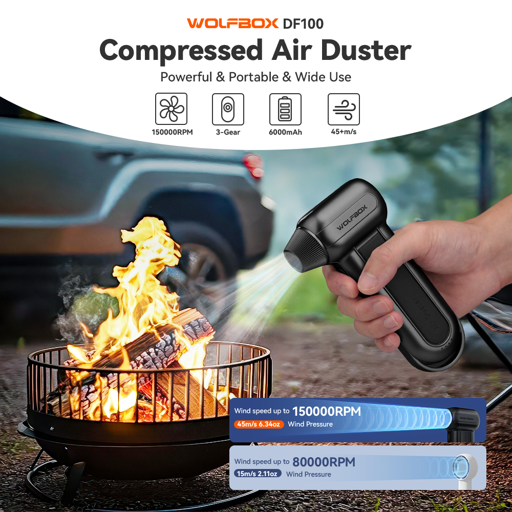 WOLFBOX DF100(MF100-Noir) Dépoussiéreur électrique sans fil souffleur d’air 150 000 tr/min ventilateur portable moteur sans balais pour voiture/maison/extérieur
