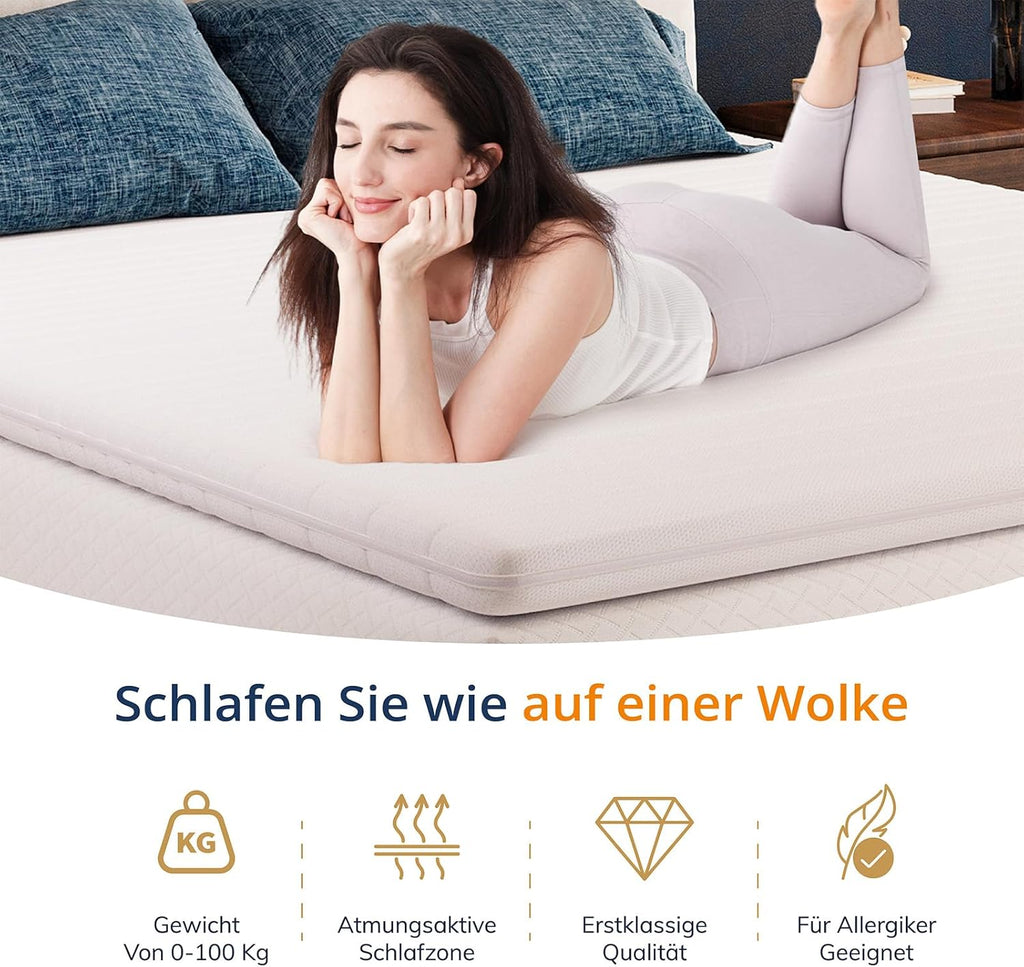 EGO HOME Surmatelas 180 x 200 cm - Surmatelas en mousse à mémoire de 8 cm H2, doux, surmatelas de confort premium avec housse amovible et lavable, respirant