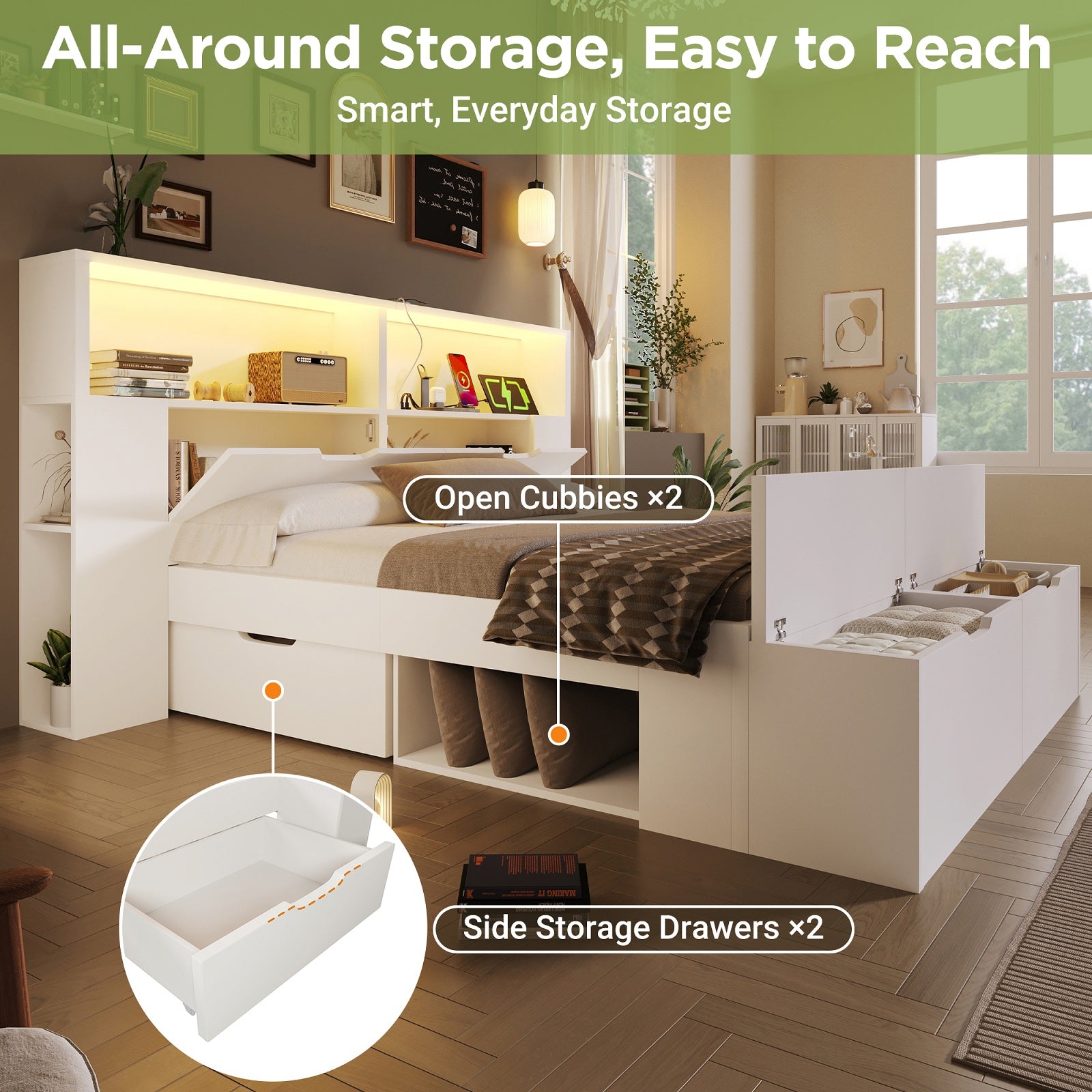 URBAN MEUBLE Lit double 140 x 200 cm blanc avec rangement, éclairage LED, prises USB, tiroirs, banc, étagères, sommier à lattes pour chambre d'adolescent