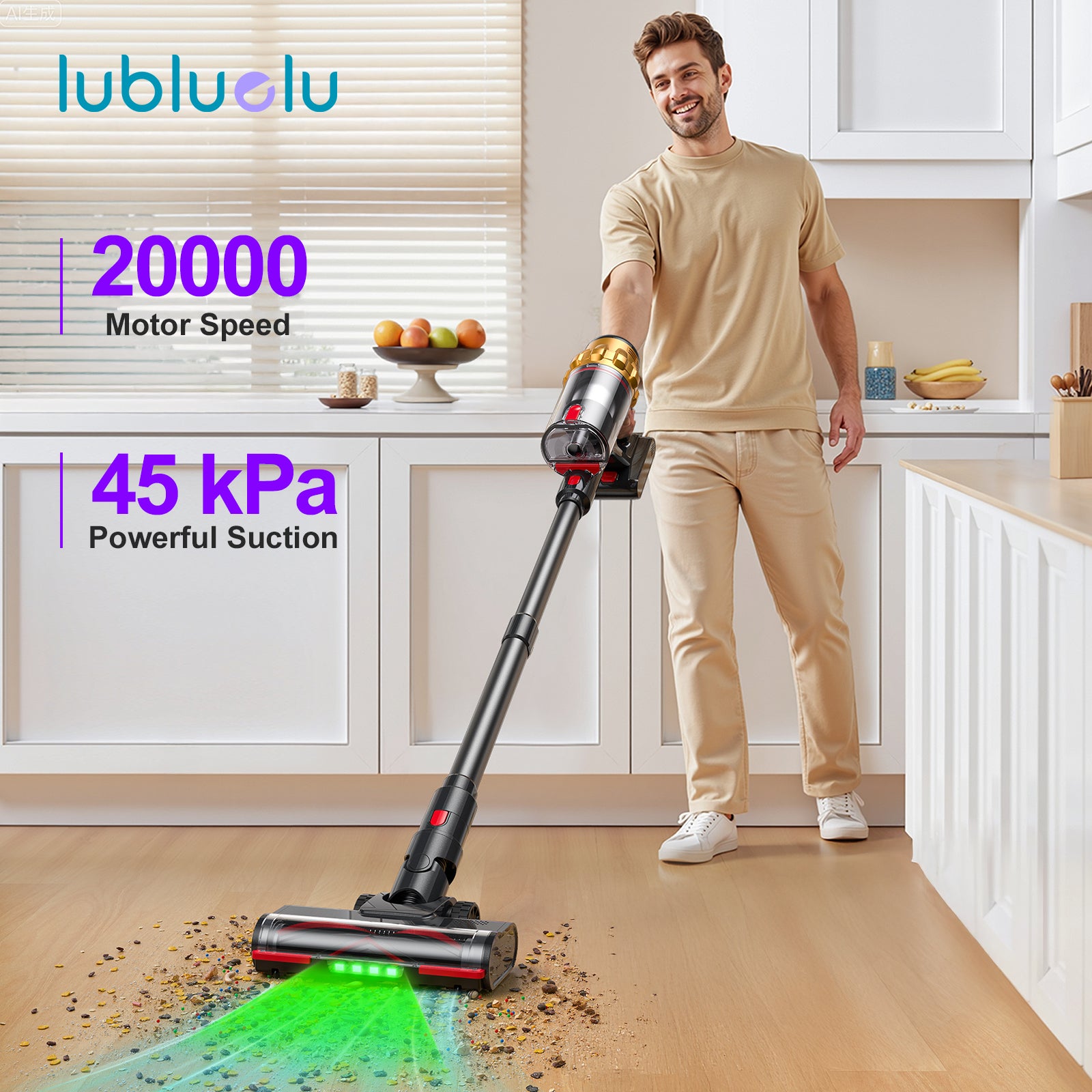 Lubluelu G11 Aspirateur balai sans fil avec puissance d’aspiration 45kPa avec brosse anti enchevêtrement, tête LED verte améliorée et 12 accessoires inclus - 43 x 30,2 x 19,5 cm / 3,5 kg