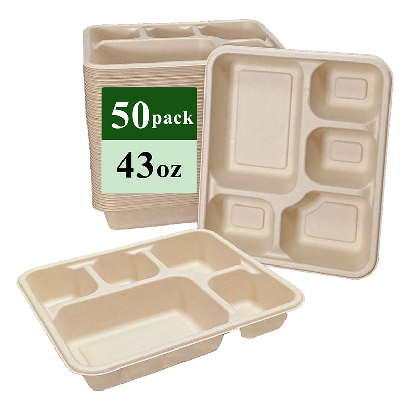 Rui bamboo Plateau jetable en fibre de bambou 43oz à 5 compartiments - Lot de 50