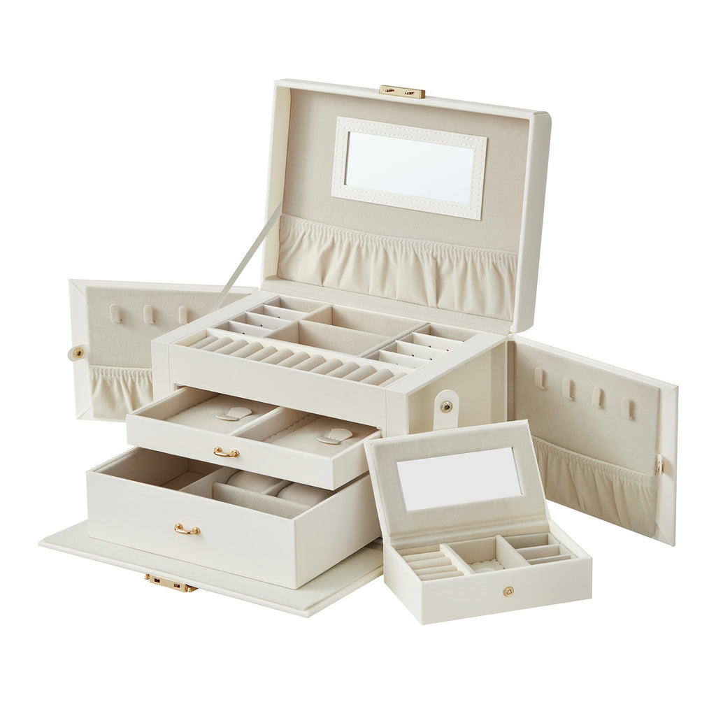 JOYFURNOS Boîte à bijoux 3 niveaux, Organisateur de bijoux avec 2 tiroirs, Étui à bijoux avec étui de voyage portable, Avec poignée, Verrouillable, Idée cadeau, Housse en PU blanc nuage, Doublure blanche crème