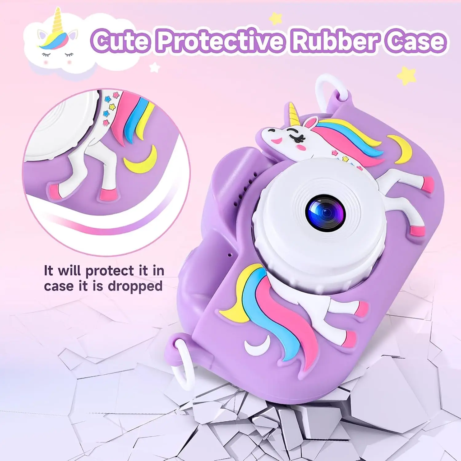 Songdian Appareil photo pour enfants avec housse souple motif dessin animé, meilleur cadeau de Noël, d'anniversaire et de fête pour enfants - Violet
