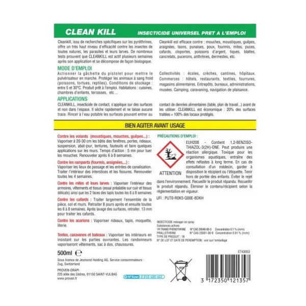 CLEANKILL Spray insecticide universel insectes volants et rampants sans odeur 500 ml