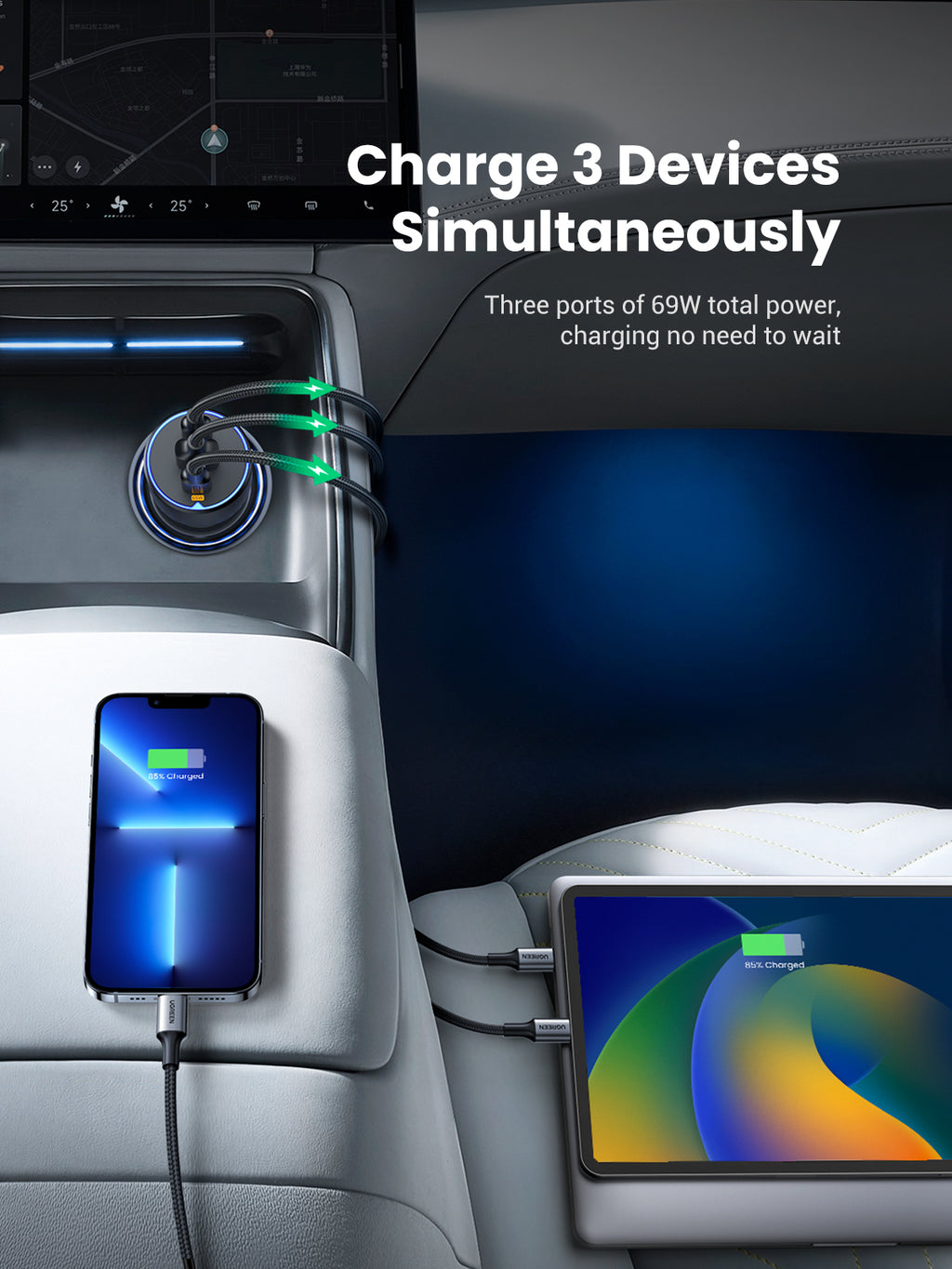 UGREEN chargeur de voiture 75W 2C1A compatible avec plusieurs téléphones et tablettes