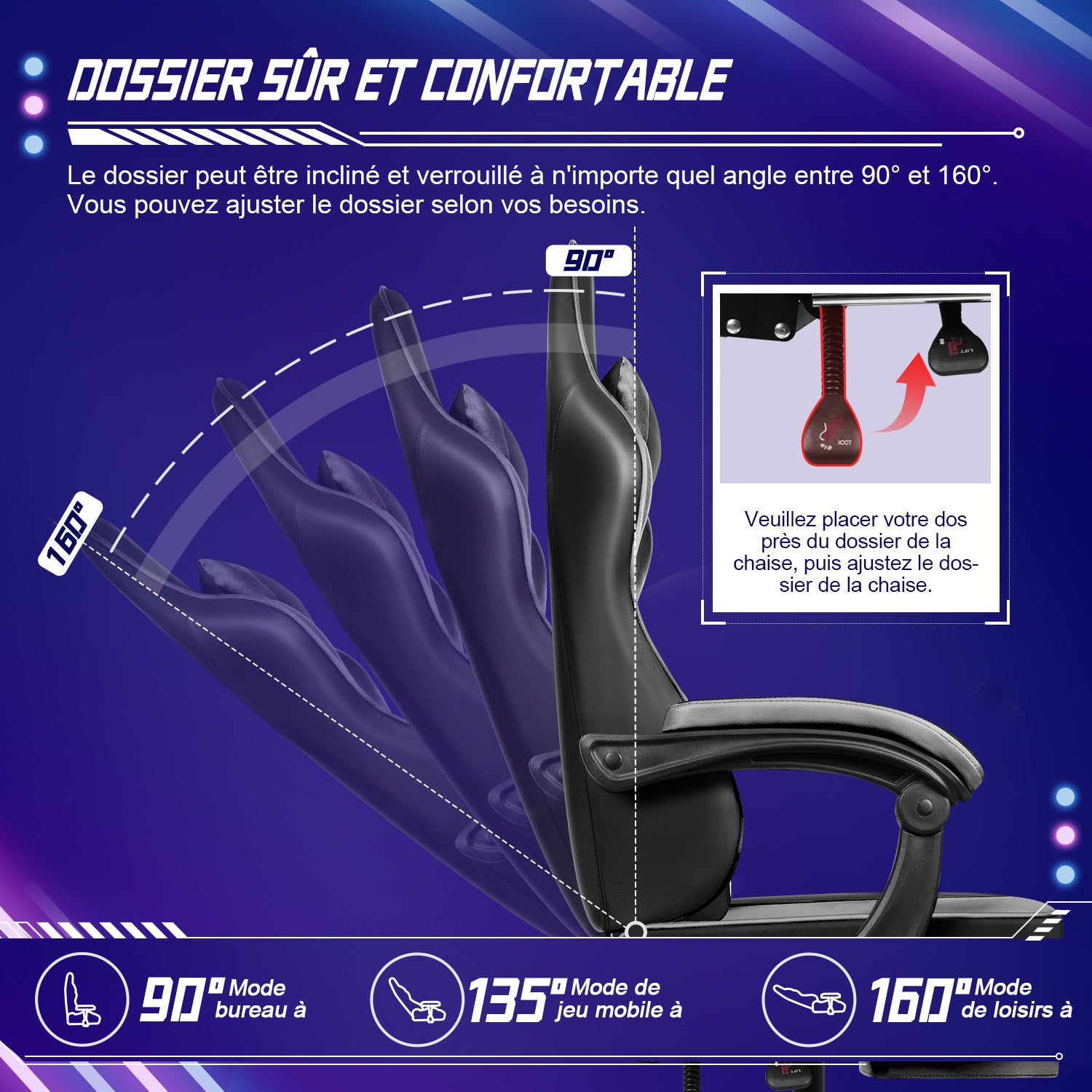 GTIMEX Chaise de gaming ergonomique réglable avec repose-pieds télescopique, appui-tête et soutien lombaire capacité de 150 kg - Gris