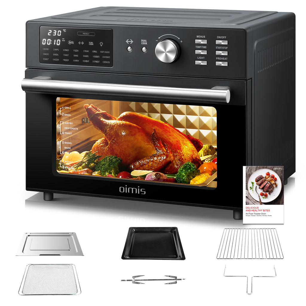OIMIS Four friteuse à air chaud et grille-pain, 30 L, extra large, avec rôtissoire et déshydrateur, 21 programmes, compatible pizza 33 cm, 1800 W, gris