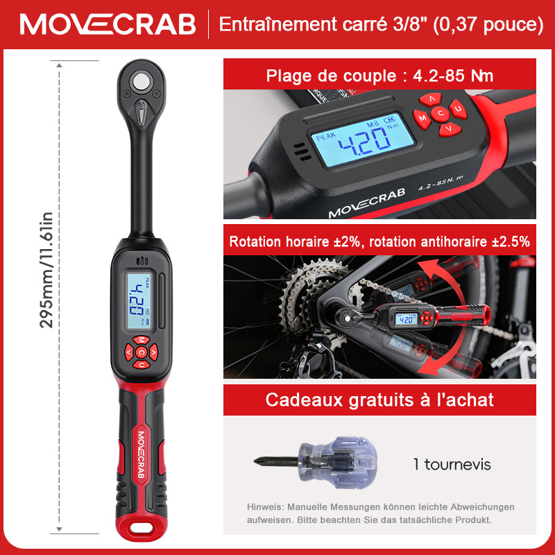 Clé dynamométrique numérique Movecrab, plage de 4,2 à 85 Nm, avec cliquet bidirectionnel, précision de ±2 %, alerte par vibration et voyant LED.