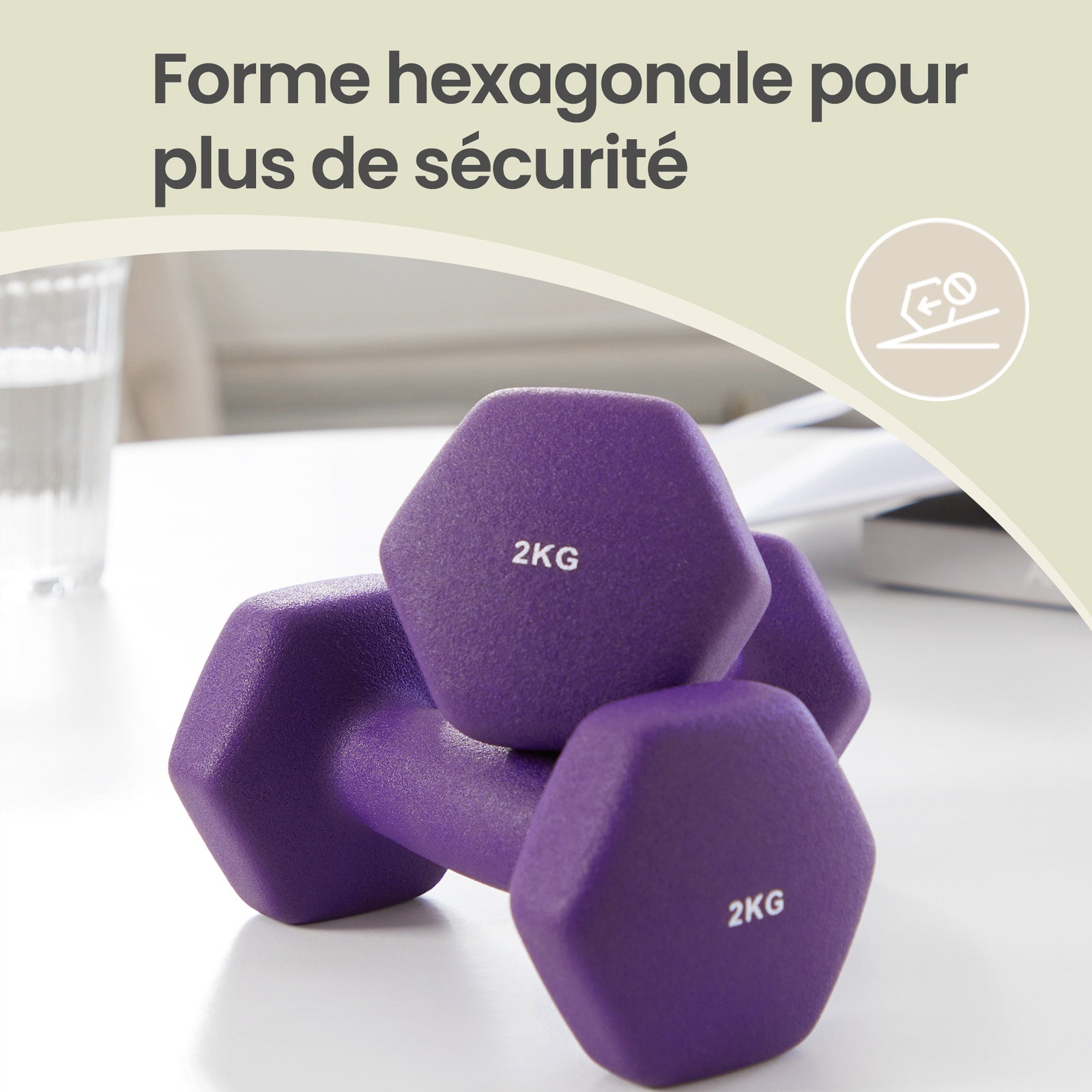 JOYFURNOSSet d’haltères hexagonaux avec support – 3 paires (1 kg, 1,5 kg, 2 kg), finition mate en néoprène, poids à main pour l’exercice à domicile – Jaune, Rose et Violet