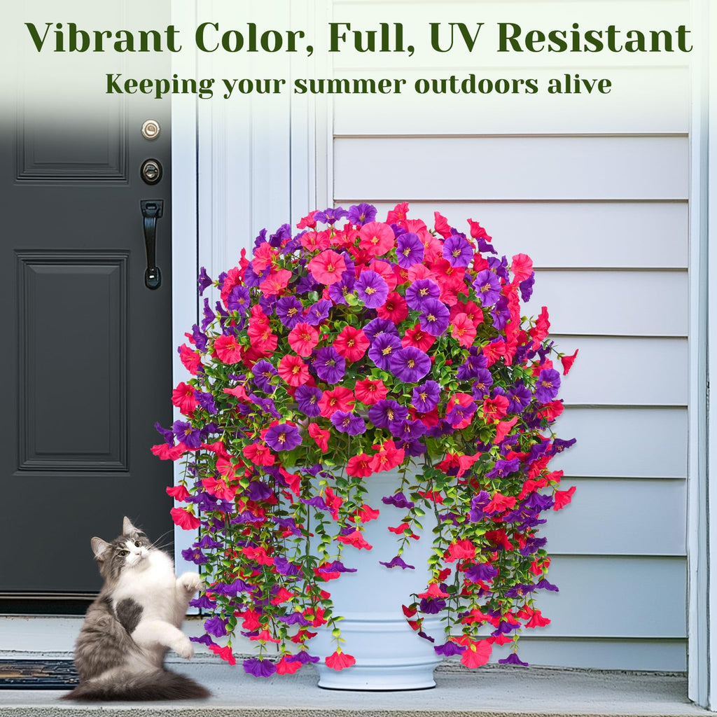 Yuejia 4 pièces 30 po/76 cm Fleurs artificielles pour extérieur, Fleurs suspendues artificielles pour extérieur Fleurs suspendues réalistes Fleurs de pétunia artificielles en soie pour