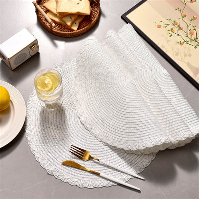 Lot de 6 Sets de table ronds tressés 38 cm, Anneau extérieur patchwork polyester à trois brins Blanc, Antidérapants, Pour maison, cuisine et table à manger, Parfaits pour fêtes