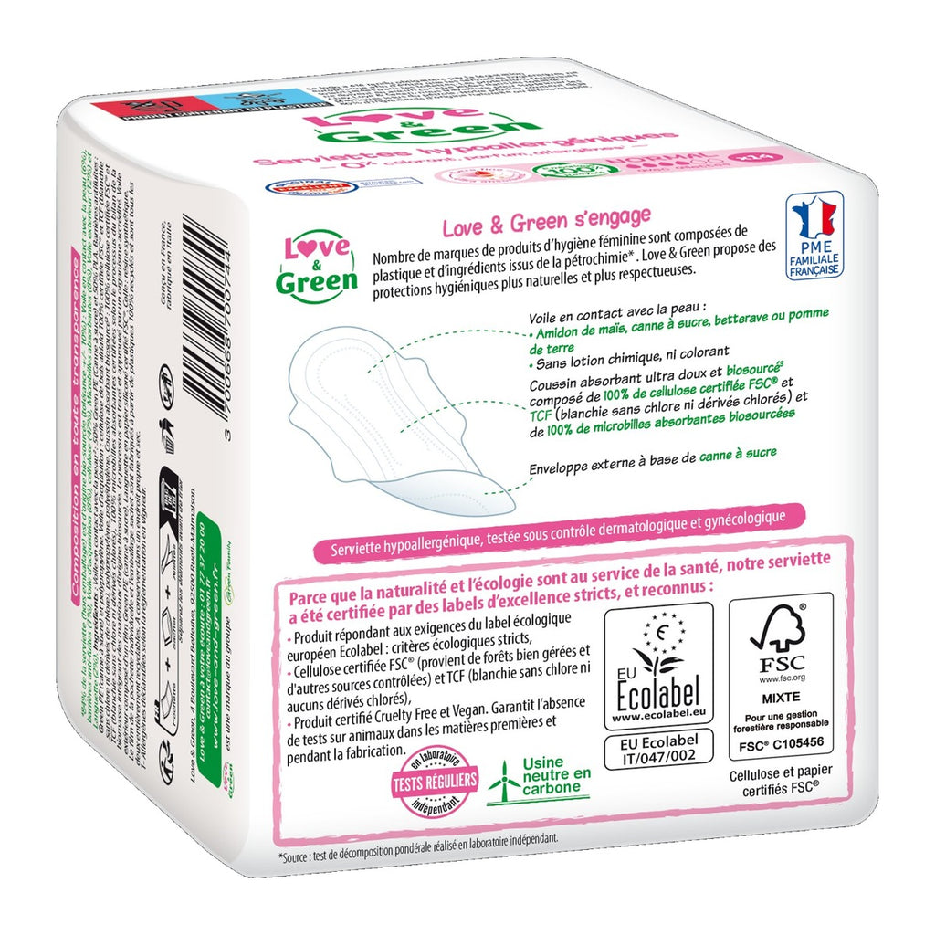 Love&Green Serviettes hygiéniques écologiques hypoallergéniques avec ailettes Normal - 14 serviettes