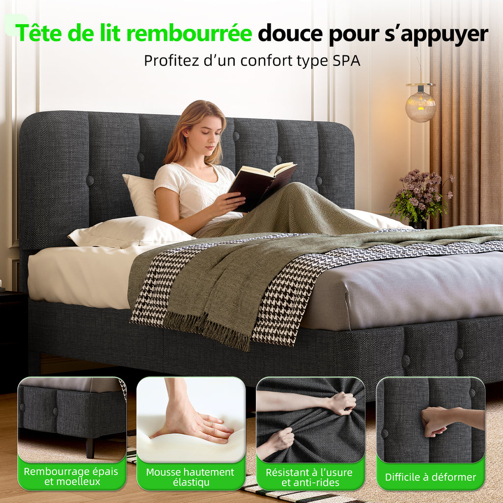 GTIMEX Lit capitonné 212,5 x 145 x 110 cm avec sommier à lattes, Capacité de charge statique : 390 kg, Lit double avec tête de lit rembourrée, Montage facile, Cadre robuste et tissu en lin de haute qualité, Gris foncé
