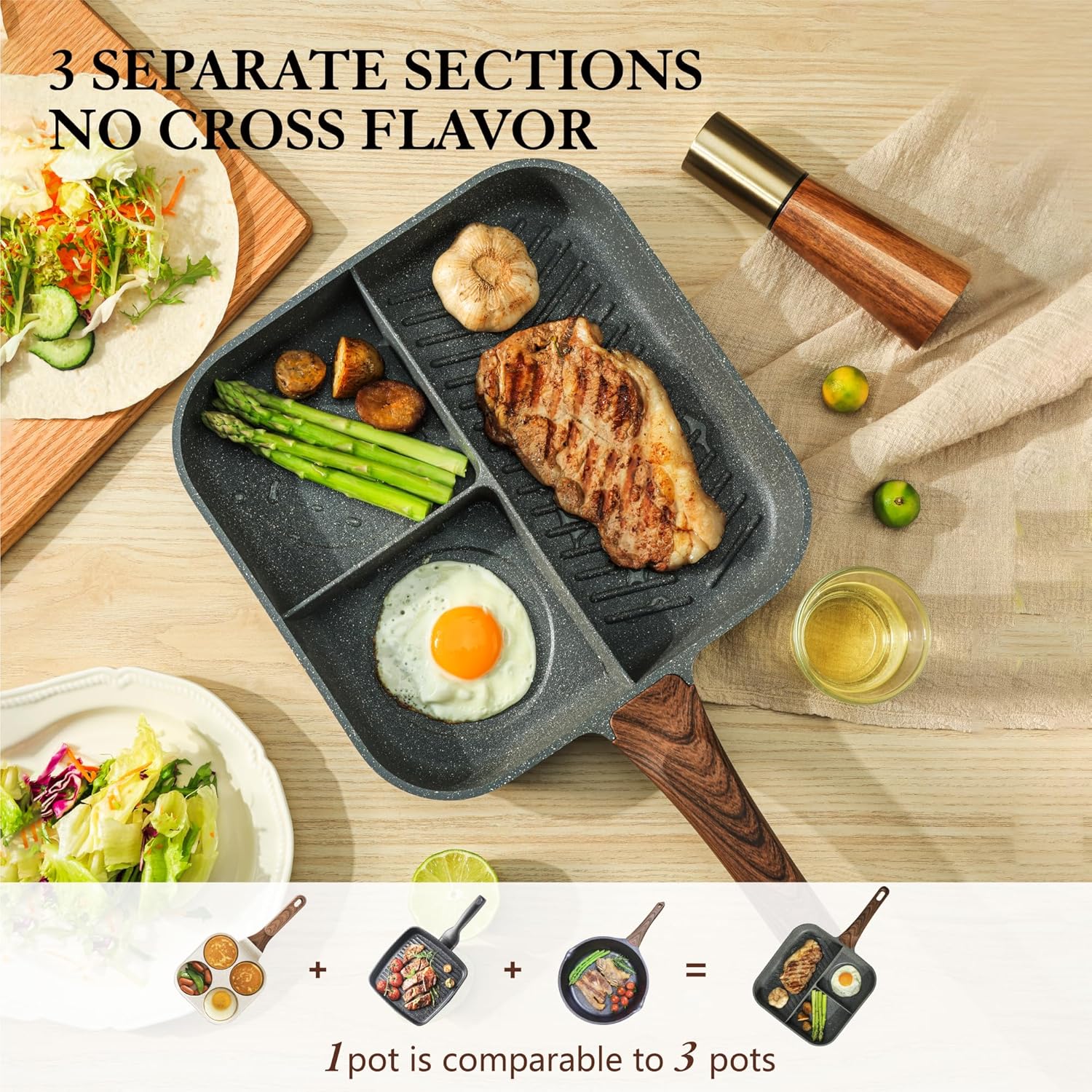 SENSARTE Poêle grillée antiadhésive à séparateurs, 3 sections, polyvalente pour petit-déjeuner, poêle grillée carrée durable, poêle gril à steak, sans PFOA, PFOS ni APEO