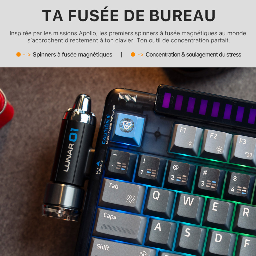 KEYSME Lunar 01 Clavier mécanique 80 % tri-mode, disposition QWERTY US, clavier à montage sur joint avec éclairage rythmé, commutateurs remplaçables à chaud, molette programmable
