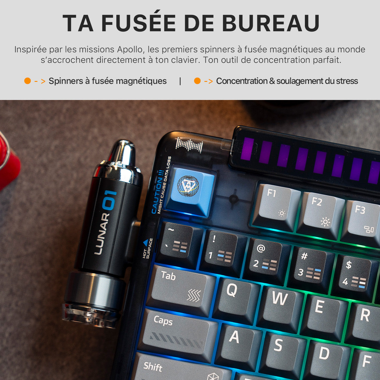 KEYSME Lunar 01 Clavier mécanique 80 % tri-mode, disposition QWERTY US, clavier à montage sur joint avec éclairage rythmé, commutateurs remplaçables à chaud, molette programmable