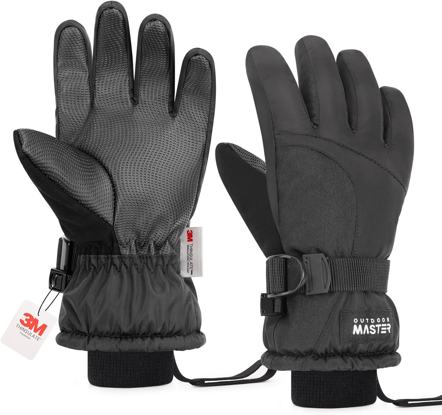OutdoorMaster gants de ski pour enfants 3M Thinsulate chauds, coupe-vent et imperméables, gants de snowboard d'hiver pour garçons et filles, noir, taille L