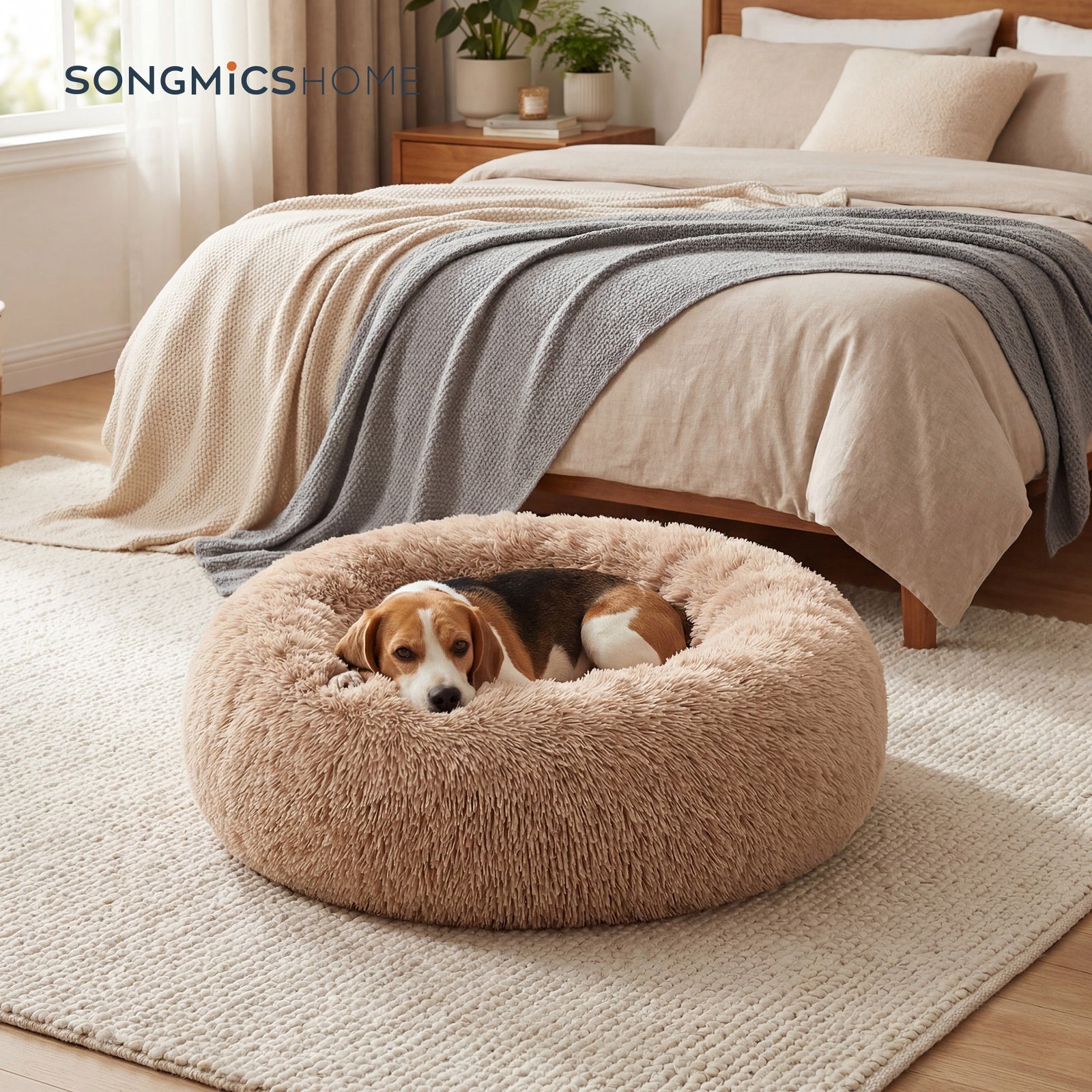 JOYFURNOS Lit pour cage de chien en peluche apaisant en forme de donut avec housse amovible et lavable en machine, camel, 70 x 20 cm
