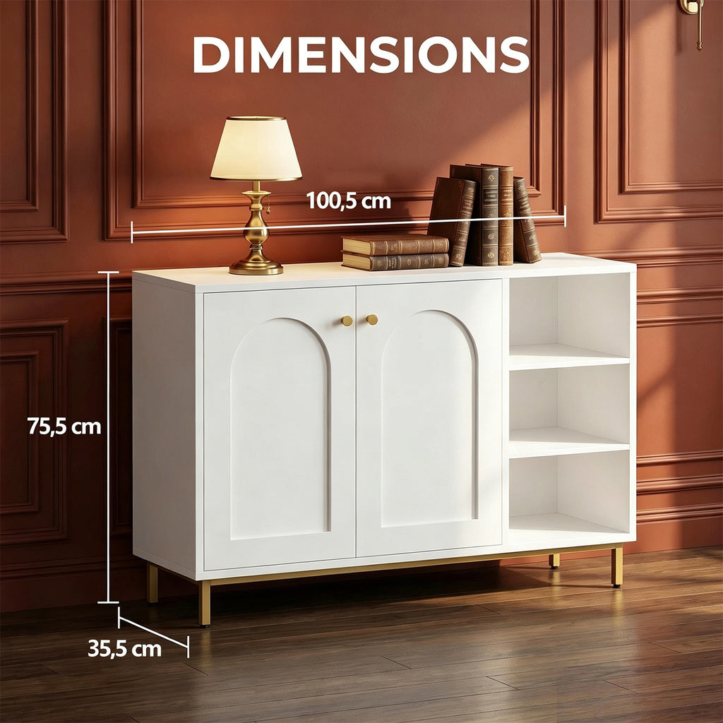 HaluPeit Meuble de salle de bain, Buffet, Meuble de cuisine à 2 portes, Buffet, Meuble de salle de bain avec étagère ouverte, Commode, Étagère réglable, Salle de bain, 35 x 100 x 75 cm, Blanc et or