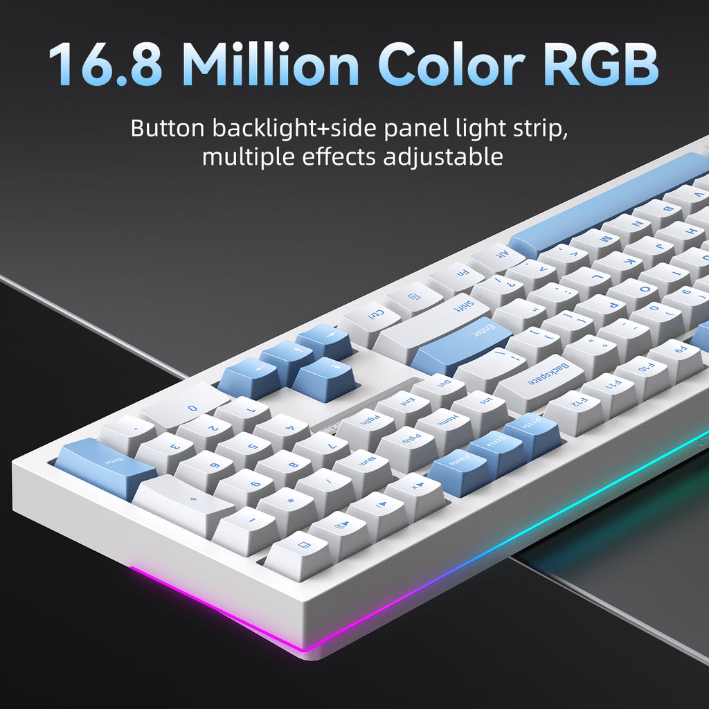 Siukie PL108W Clavier mécanique 108 touches, interrupteur détachable, 3 modes RGB, blanc