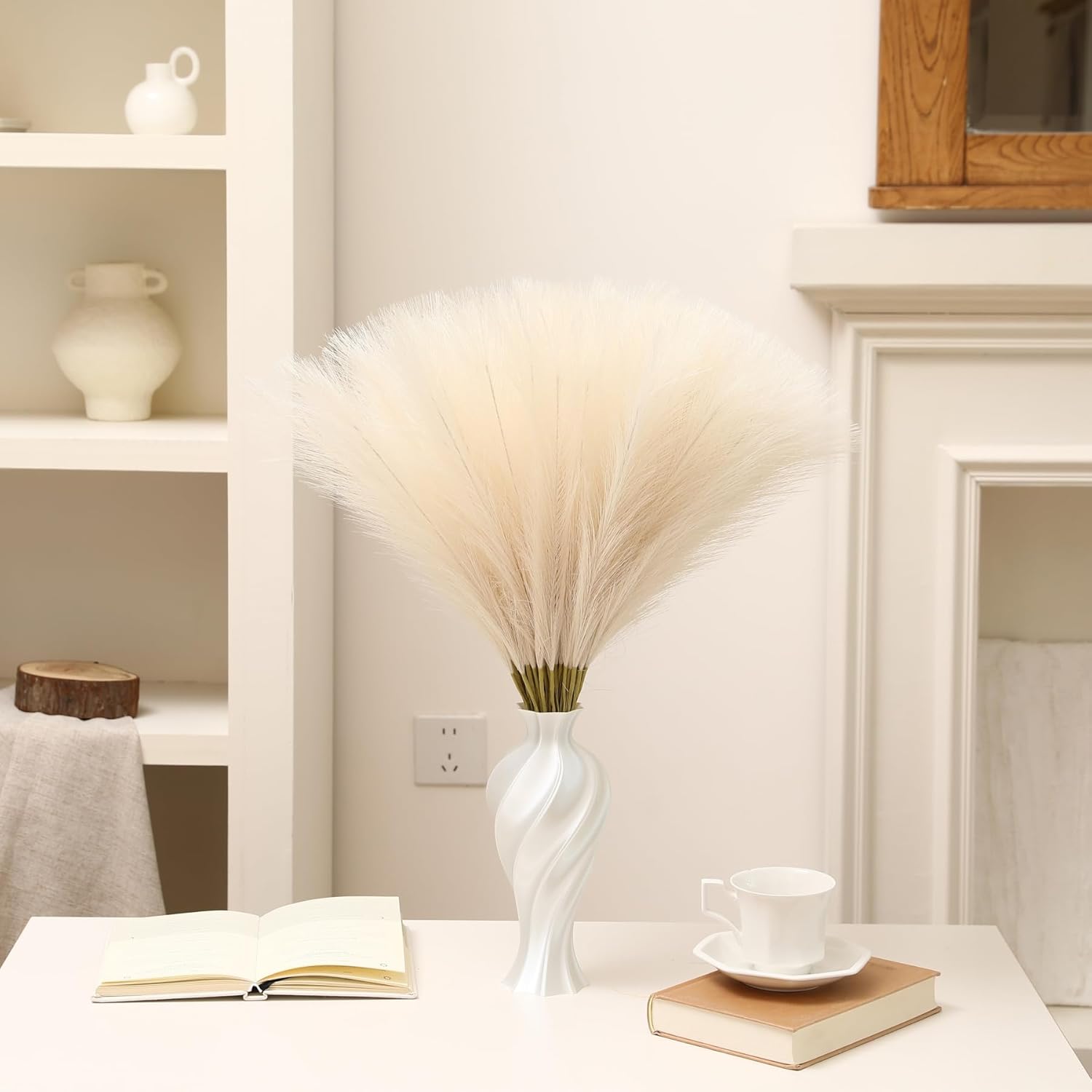 Yuejia 10 pièces 18,89 po / 48 cm Fleurs séchées artificielles, fausses plantes, décorations d’automne, décoration bohème, décoration de maison pour Halloween, Noël, mariages, fêtes, loisirs créatifs, vase, intérieur et extérieur (Beige)
