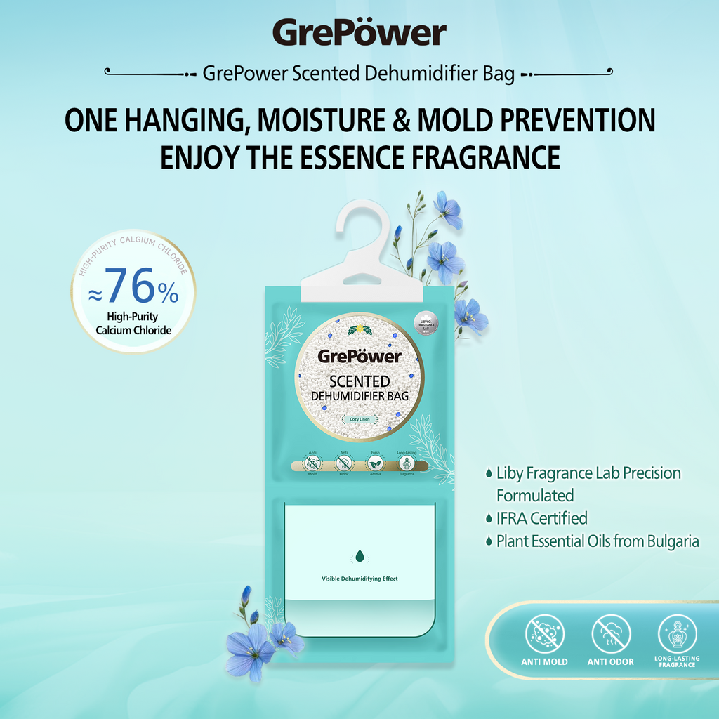 GrePower Sachets déshumidifiants au parfum de lin, lot de 10, anti-humidité et anti-condensation, absorption d'humidité ultra-forte, déshumidification rapide, pour placards, maison