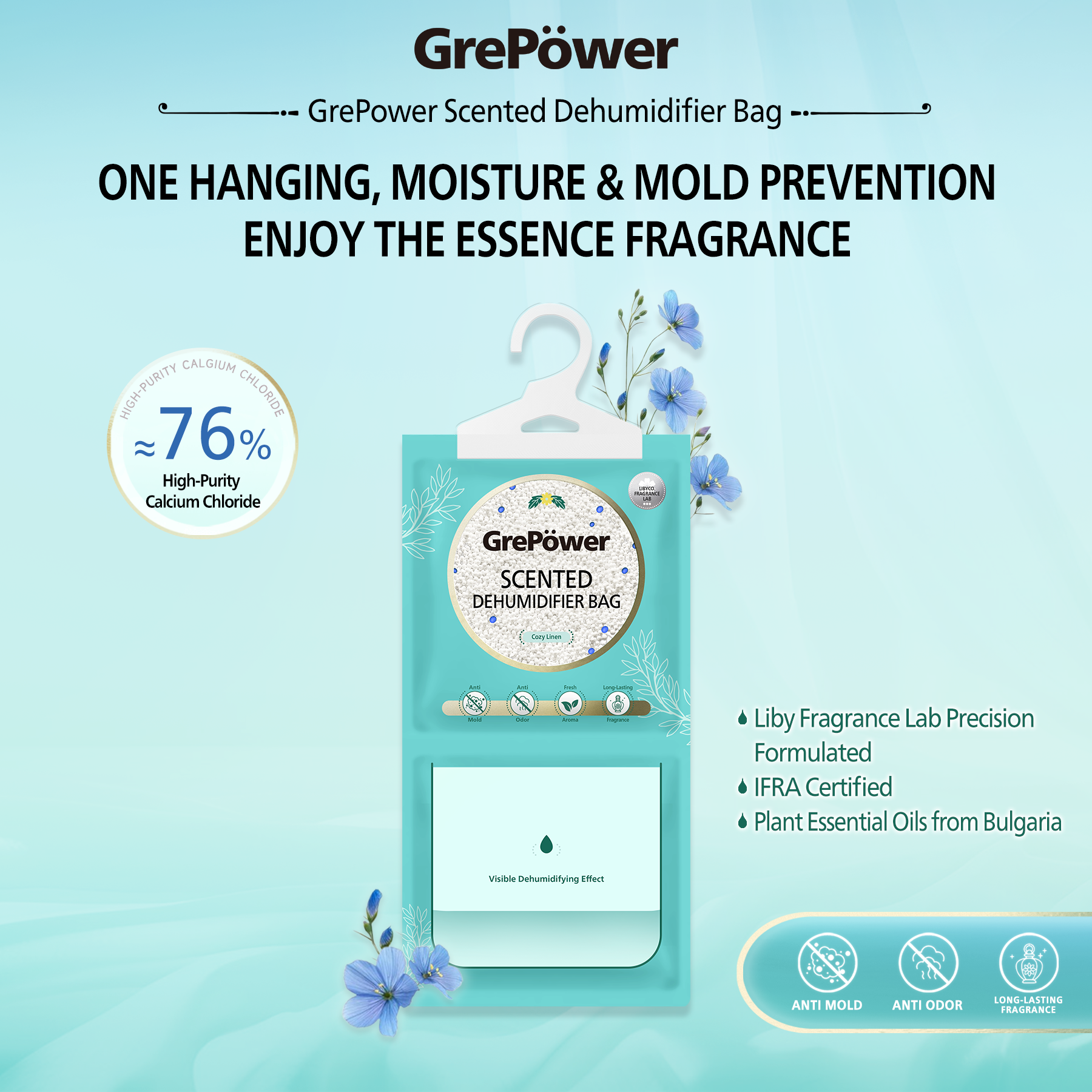 GrePower Sachets déshumidifiants au parfum de lin, lot de 10, anti-humidité et anti-condensation, absorption d'humidité ultra-forte, déshumidification rapide, pour placards, maison